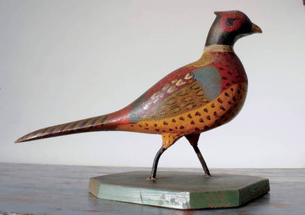 FOLK ART - Robin NIPAWIN (NEEPAWA, MANITOBA): Robin Nipawin, strutting pheasant in crackled original paint, mounted on original green base, from Neepawa, Manitoba, circa 1910. Illustrated: Canadian Folk Art to 1950, page 335; Celebrating Canada,