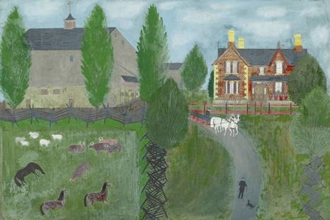 NAIVE PAINTING OF A FARM / TOILE NAIVE D'UNE FERME: A naive oil on canvas painting of an Elora (Ont), farm scene with a red and yellow brick house, stone banked barn, two white horses pulling a wagon and farmyard animals within a zigzag rail 