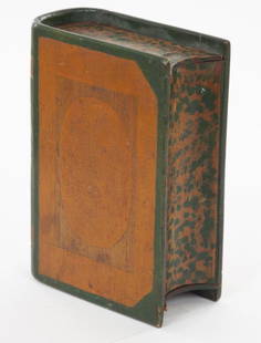 SPRUCE GUM BOX / BOÎTE POUR GOMME D'ÉPINETTE,: Spruce gum box in orange and green paint, inscribed "Made by A. Brown at the Barney camp on the Glen Road 1877". Eastern Townships, Quebec, late 19th century. H: 6"; W: 4"; D: 2". // Boîte pour l