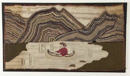 HOOKED RUG OF CANOEIST / TAPIS AVEC CANOTEUR: A folky hooked rug with strong design showing a canoeist on a lake with variegated colour mountains in the background. H: 19; W: 34". // Tapis crocheté, art populaire, canoteur sur