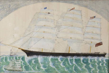 NAIVE WATERCOLOUR OF SCHOONER / AQUARELLE: A naive watercolour of a three-masted schooner with three smaller vessels in green waters, likely off the Maine/New Brunswick coast. 19th century. H: 30"; W: 43". // Aquarelle de style naïf,