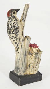 FOLK ART - Damase RICHARD (1852-1922): Damase Richard, a carved woodpecker on a branch with match holder in a stump. Saint-Ubalde de Portneuf, Quebec. Excellent condition with original untouched paint, circa 1900. Ex collection Bob