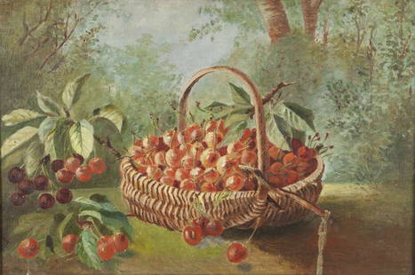 ART - CHERRIES IN A BASKET / NATURE MORTE, USA: Oil on canvas, still life, cherries in a basket, American school, framed, 19th century. H: 14"; W: 20". // Huile sur toile, nature morte, cerises dans un panier, peinture américaine,