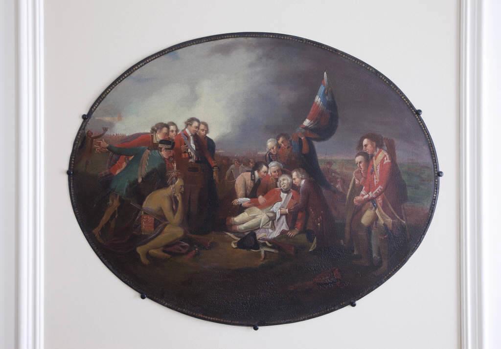 OIL ON TIN DEATH OF WOLFE / HUILE SUR TOLE: An oval oil on tin vernacular rendition of the “Death of Wolfe” on the Plains of Abraham after a 1770 painting by Benjamin West. Excellent detail. Both the British General and his French o