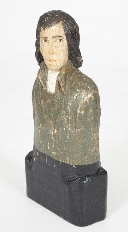 SMALL TORSO CARVING OF GENTLEMAN / SCULPTURE, N.B.: A small torso carving of a gentleman with long black hair wearing a high collar green jacket over a white shirt, on a black base. Initialed "FXB", possibly Francois Xavier Berlinguet (1830-1916). Foun