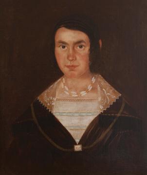 ART - ATTRIBUTED TO Ezekiel SEXTON: Oil on canvas, attributed to Ezekiel Sexton, portrait, "Madilla Smith at 17 years of age", originally signed on back "E.S Painter", framed, found in Woodstock, Ontario, circa 1840. Restored and re-lin