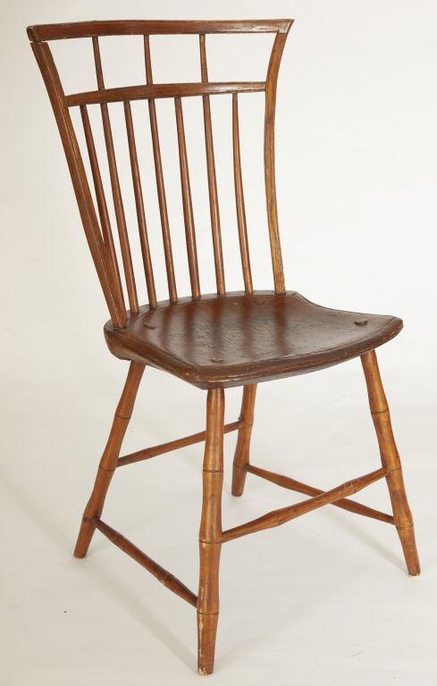SIX WINDSOR CHAIRS / SIX CHAISES WINDSOR, NEW YORK: Set of six bird cage Windsor chairs with fine bead detail and a strongly flared back crest, by Charles Marsh, New York, original paper label intact. Strong bamboo style turnings, shaped seats and post