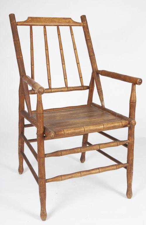 TWO NEW-BRUNSWICK DECK CHAIRS / CHAISES DE PONT: Two New Brunswick deck chairs (only 1 shown) with bamboo style turnings and original untouched surface, manufactured near the end of the 19th century by the J. J. & D. Howe Company of Saint John. Illu