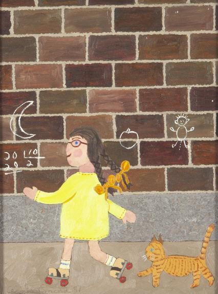 ART - Cécile ÉMOND (1931-20XX): Cécile Émond, oil on board, girl on roller skates in a yellow dress with an orange cat trailing behind, signed B/L and dated 81, framed. H: 9"; W: 7". // Cécile Émond, huile sur pa