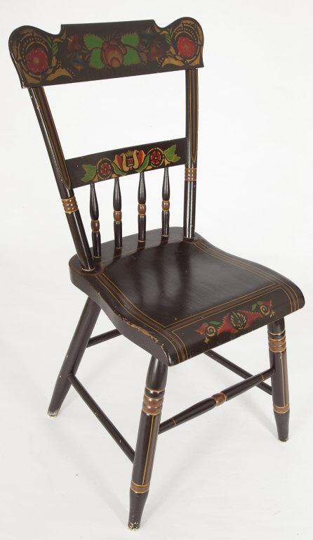 SIX SIDE CHAIRS / SIX CHAISES, PENNSYLVANIA: A set of six side chairs (only 1 shown in photo) with strong floral hand-painted leaf and flower decoration. Pennsylvania, 19th century. H: 35" (seat height 18"); W: 15"; D: 16". // Ensemble de six ch