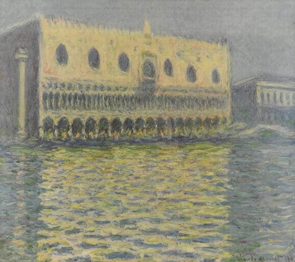 ART - Claude MONET (1840-1926, French): Claude Monet, early lithograph laid down on cardboard, "Doge Palace Venezia", marked "Copyright PG" bottom left, signed in plate "Claude Monet 1908" B/R, gallery frame, dated in pencil verso "13/8/29"