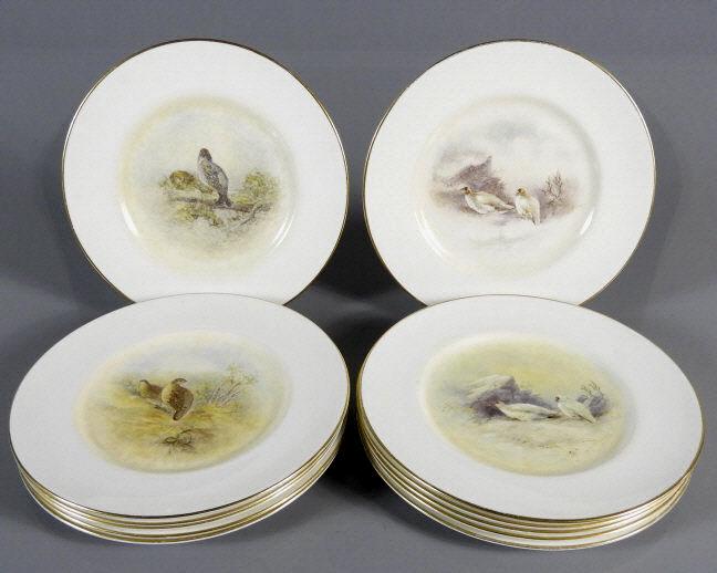 ROYAL WORCESTER TABLEWARE: Twelve Royal Worcester dinner plates, hand-painted by famed Worcester artists, Leighton Maybury (1930-1983), James Stinton (1902-1951) and H. Sivad (for Harry Davis). Each plate demonstrates the artis