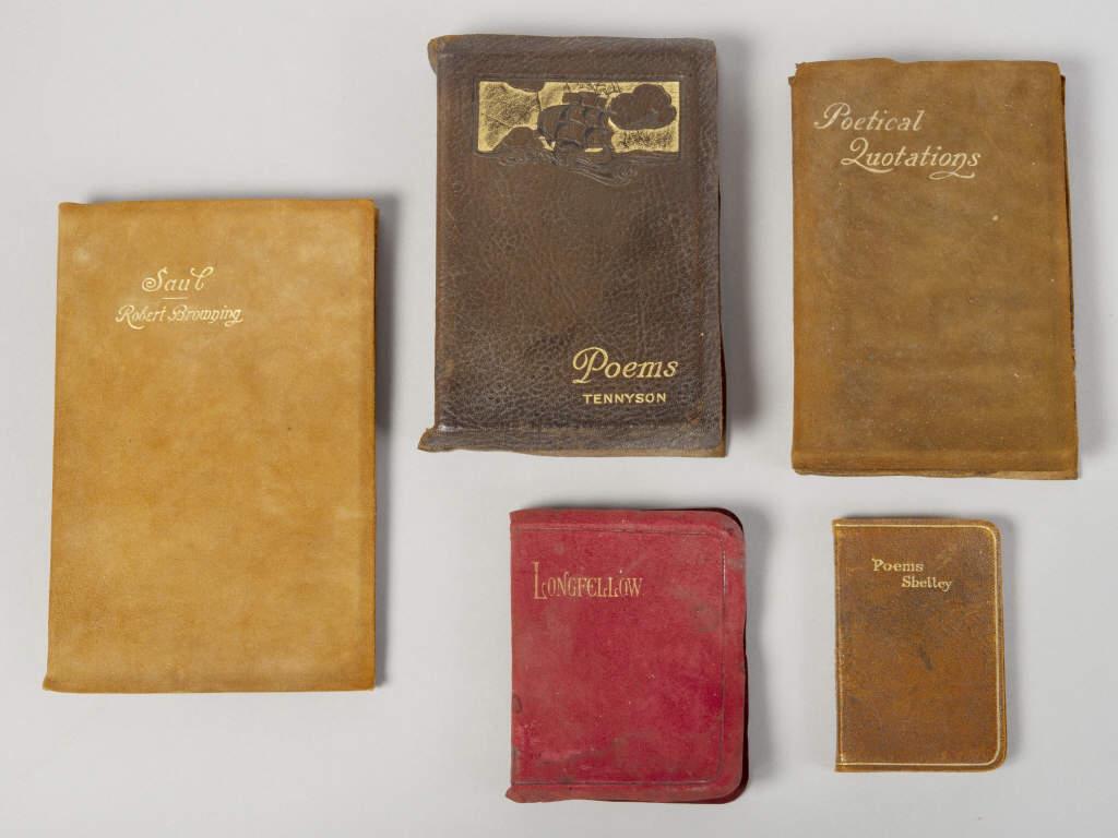 BOOKS - ROYCROFT STYLE, POEMS & OTHERS: Five books, limp leather bindings in the Roycroft style. (1) Poems Percy Bysshe Shelley (1792-1822) . (2) Poetical Quotations, 1901. (3) Poems by Lord Alfred Tennyson. (4) Saul, Robert Browning, 1901.