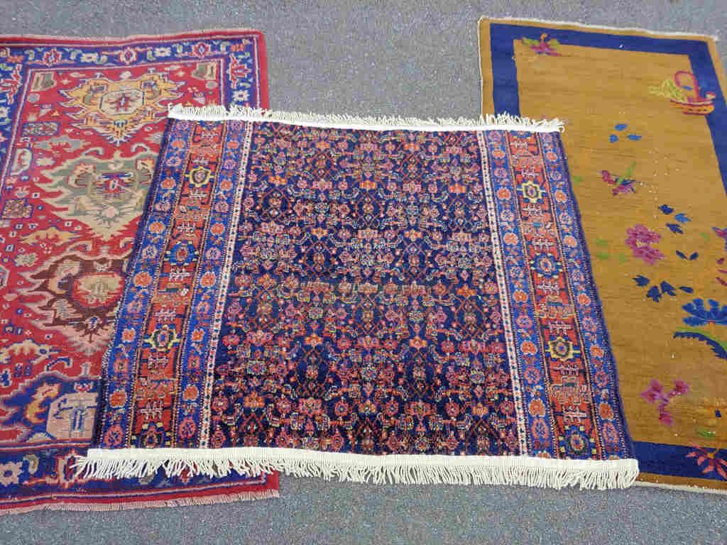 THREE SMALL ANTIQUE RUGS: Three rugs. (1) Art-deco Chinese rug, 2'5" x 4'8". (2) Persian Senneh fragment rug, 3' x 3'4". (3) Indian rug, 2'7" x 4'5".