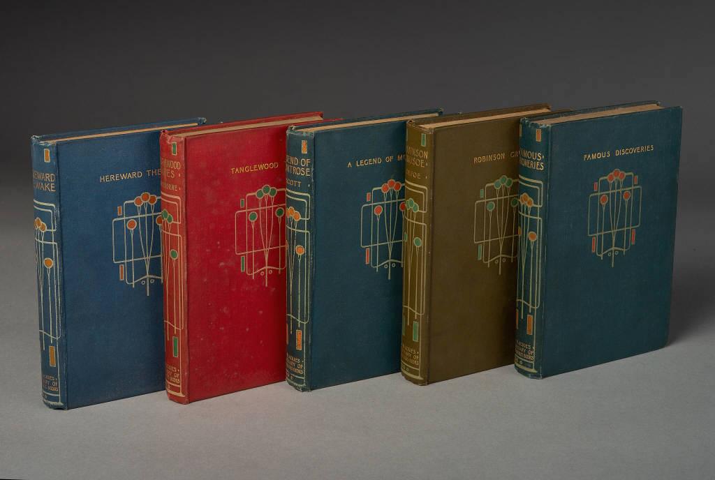 BOOKS - ARTS & CRAFTS BINDINGS BY C.R. MACKINTOSH: Arts & Crafts bindings designed by Charles Rennie Mackintosh (1868-1928, Scotland), five volumes. Published by Blackie & Sons. (1) Legend of Montrose. (2) Scott - Robinson Crusoe. (3) Defoe - Hereward