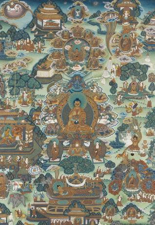 TIBETAN BUDDHIST TSON-TANG THANGKA: A Buddhist Tson-Tang "Thangka”. Hand painted on silk. Tibet, 20th century. Dimensions, 30" x 21.5".