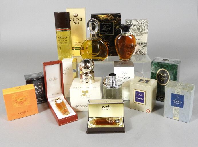 VINTAGE WOMAN: Eleven vintage bottles of unused French / Itatlian perfume, eau de toilette and one savon. Dior Poison, Cartier So Pretty, Hermes Caleche, Lanvin Arpege, Rochas Femme, Van Cleff & Arpels First, Hermes