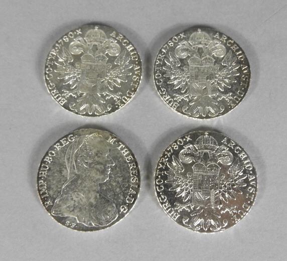 MARIE-THERESE DE HAPSBURG 1 THALER COINS: Four (4) Marie-Therese de Hapsburg (1717-1780), one (1) thaler coins, Austria, 1780. One side reads, 'M. THERESIA. D. G. R. IMP. HU. BO. REG'. The other side reads, 'BURG. CO. TYR. 1780. ARCHID. AVST.