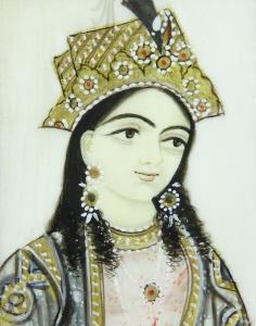 HAND PAINTED PORTRAIT OF EMPRESS MUMTAZ MAHAL: A 20th century Mughal style hand painted portrait miniature of Empress Mumtaz Mahal (1593-1631, Indian), watercolour on natural material, unsigned and set within a giltwood frame, framed dimensions, 5