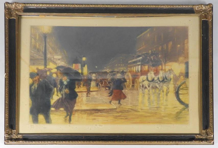 ART - Lionello BALESTRIERI (1874,1952, Italian): Lionello Balestrieri, etching in colours (aquatint), a night in Paris, signed in graphite B/L, impressed French mark 'HRH' B/L. Condition noted, some staining to outer edge of print. Dimensions, 18.5"