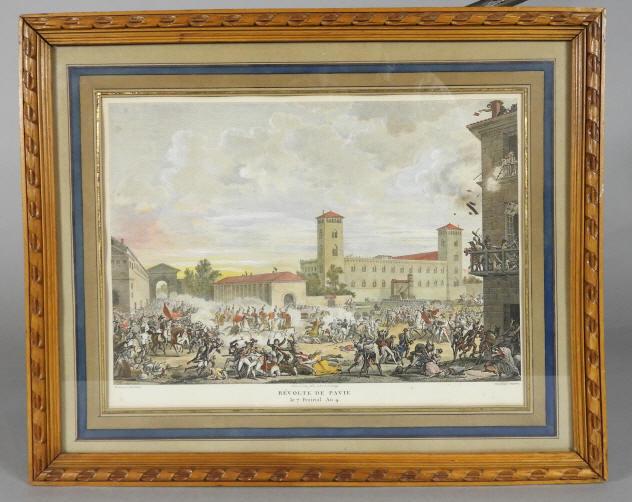AFTER C. VERNET, HAND COLOURED ENGRAVING, FRENCH: After Carle Vernet (1758-1836, French), hand coloured engraving, "Revolte de Pavie, le 7 Prairial An 4". Engraved by, Jacques-Joseph Coiny (1761-1809). Finished by, Dambrun. Framed. Dimensions, 11" x 