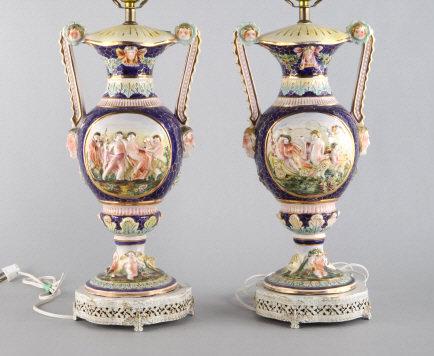 PAIR OF CAPODIMONTE TABLE LAMPS: A pair of Capodimonte table lamps, hand-painted with figural decoration front and back. Circa 1940s. Overall dimensions, height 28". Pottery, 16" h x 8” diameter.