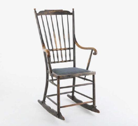 Sheraton - Windsor Rocker, Eastern Canada, 1830-1850: An unusual Sheraton-Windsor rocker with a stepped crest rail, bamboo turnings, and double bearing arm posts supporting dramatically shaped arms with curled hand grips. The seat frame is pegged and the