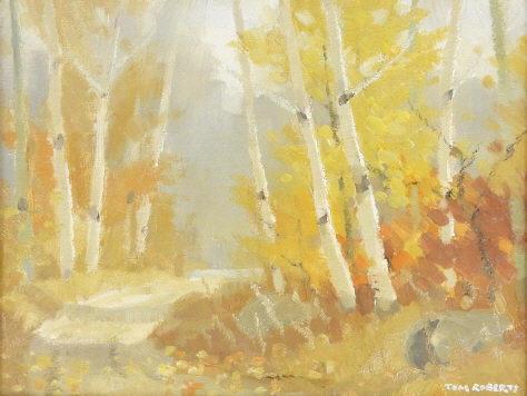 Tom ROBERTS, R.C.A., O.S.A. (1909-1998): Tom Roberts R.C.A., O.S.A., oil on board, "Birchwood's Road in October", signed B/R and titled verso. Galerie Walter Klinkhoff and Continental Galleries Inc. labels verso. 12" x 16".