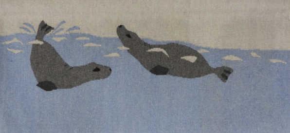 Thomasie Alikatuktuk (1953-2009), Pangnirtung: Thomasie Alikatuktuk (1953-2009), male, Pangnirtung, Nunavut, Harp Seals, 1980, woven tapestry, 2/10. This tapestry was designed by Alikatuktuk and woven by Geela Akulukjuk (1952-), female, also Pangn