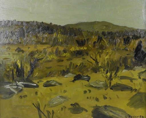 Goodridge ROBERTS, R.C.A. (1904-1974): Goodridge Roberts, R.C.A., oil on canvas, summer landscape, dated 1949, signed B/R. Partial Dominion Galleries label verso. 20.5" x 25.5".