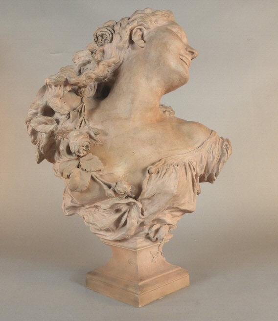 Jean Baptiste CARPEAUX (1827-1875) French: Jean Baptiste Carpeaux, a very fine 19th century red terracotta bust famously known as 'Bacchante aux Roses' (Bacchante with Roses). Signed and dated 'JB Carpeaux, 1874', together with impressed Carpe