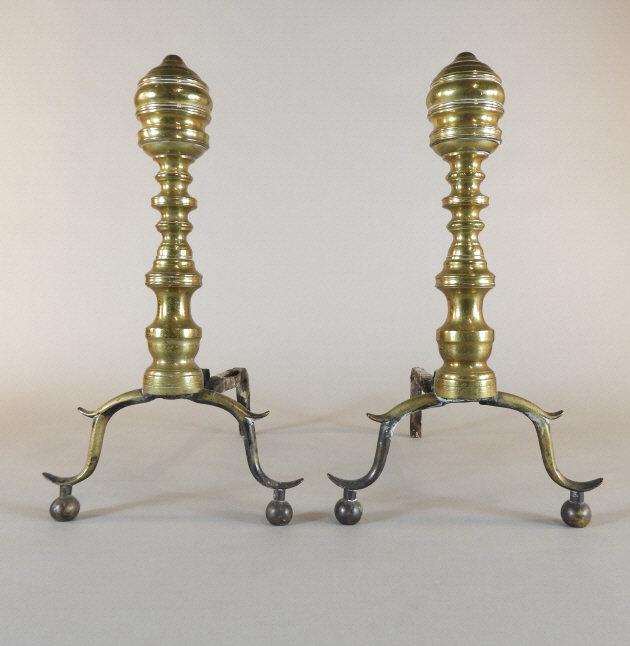 Pair of Brass Andirons, Boston, Ca. 1830: A pair of early 19th century Federal Period 'Beehive' brass andirons. Boston (U.S.A.), circa 1830. Dimensions, 16" h x 9.5" w x 14.5" d.