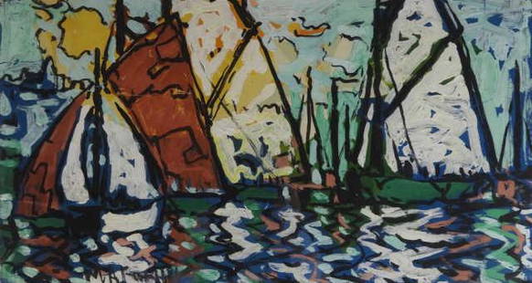 Marc-Aurele FORTIN, A.R.C.A. (1888-1970): Marc-Aurele Fortin, A.R.C.A. gouache on printed card, "Sailboats in Harbour", signed bottom left. Dimensions, 14.5" x 25". Note: This example shows overall gouache paint along with areas of background