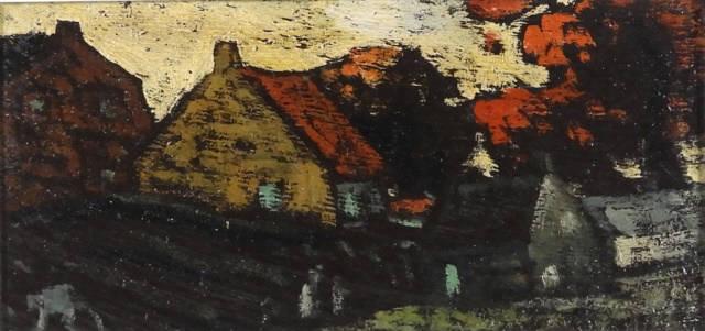 Marc-Aurele FORTIN, A.R.C.A. (1888-1970): Marc-Aurele Fortin, A.R.C.A., oil on board, "Maisons en Automne", Gallery Bernard Desroches label verso. Dimensions, 4.75" x 9.75".