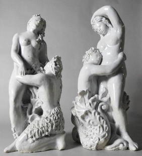 Edouard CAZAUX (1889-1974) French: Edouard Cazaux, an important pair of Art Deco ceramic figures by this famed French artist. Each in a similar but different romantic pose. Covered in a light grey glaze, these sculptures represent