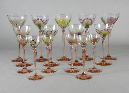 Crystal Stemware, J&L Lobmeyr Hoffmann, 1917: An assembled group of 15 pieces of crystal stemware in the "Patrician" pattern, by J&L Lobmeyr. Each piece with a pink stem and colourful enameled floral decoration. Each piece marked on the base