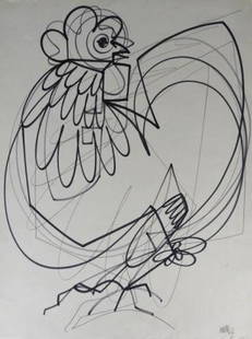 Raymond MORETTI (1931-2005) French: Raymond Moretti, felt pen on heavy paper, rooster, signed and dated '57 bottom right, unframed. Dimensions, 25 3/4" x 19 5/8". Condition noted. Provenance: The Joseph Liverant Estate, Ottawa, Canada.