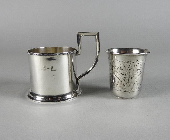 Russian Silver Vodka Cup & Silver Glass Holder: Two pieces of Russian silver consisting of, a 19th century vodka cup with date mark 1896, together with a tea glass holder. Both bearing impressed marks for 84 zolotniks denoting .875 silver fineness.