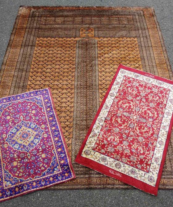 Three Rugs, Belgium, Circa 1960: Three rugs, artificial silk, mercerized cotton, machine made, Belgium. 1) Turkoman Ensi design rug (4.7 x 6 feet), circa 1960, good condition. 2) Two samplers (1 x 3 feet & 1.7 x 2.4 feet).