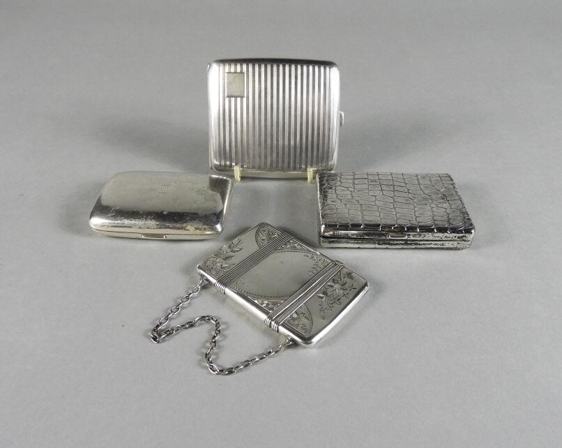 British Sterling Silver Cigarette Cases: A grouping of 3 British sterling silver cigarette cases of varying form and condition, together with a 19th century American Aesthetic Period sterling calling card case by Whiting Manufacturing Co., w