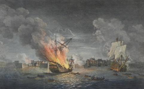 Important Engraving, Louisbourg, Dated 1771: After Richard Paton (English 1717-1791), coloured engraving dated 1771 by Pierre -Charles Canot, RA (1710-1777), "The burning of the Prudent and taking of the Bienfaisant in Louisbourg Harbour, Cape B