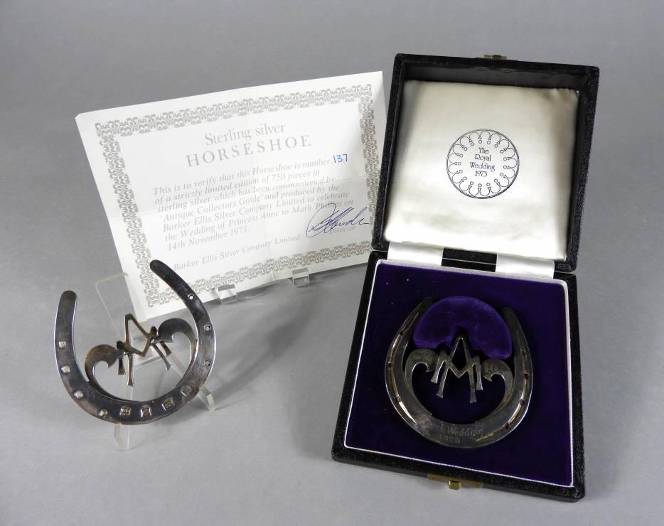 Limited Edition Silver Horseshoe, Royal Wedding: A limited edition cased sterling silver horseshoe commissioned to celebrate the Royal Wedding of Princess Anne and Mark Phillips on November 14th 1973, bearing Birmingham hallmarks for 1973, maker's m