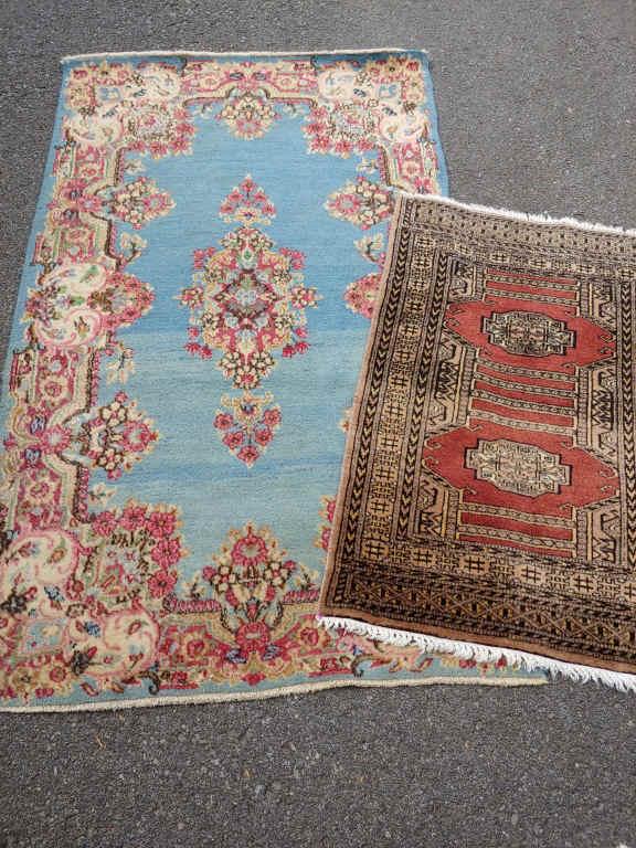 Persian Kerman & Pakistani Rug, Circa 1970: Two rugs: 1) Persian Kerman rug (3 x 5 feet), circa 1960, wool on cotton, good condition. 2) Pakistani rug (2 x 3 feet), circa 1970, wool on cotton, good condition.