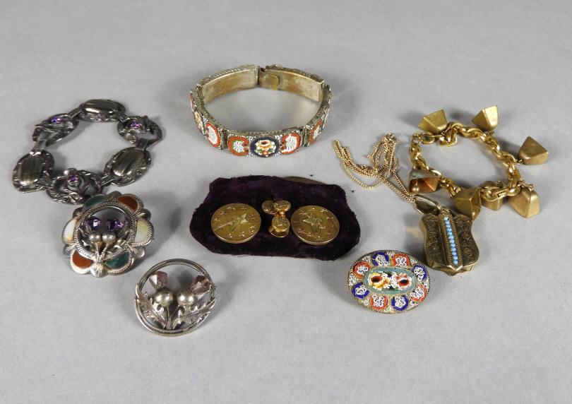 Various Antique Jewellery, Bracelet, Brooches & Others: Eight (8) pieces of antique jewellery to include: a millefiori bracelet and brooch, 2 sterling silver Scottish brooches, along with a similar bracelet set with thistles and curling stones, a Victorian