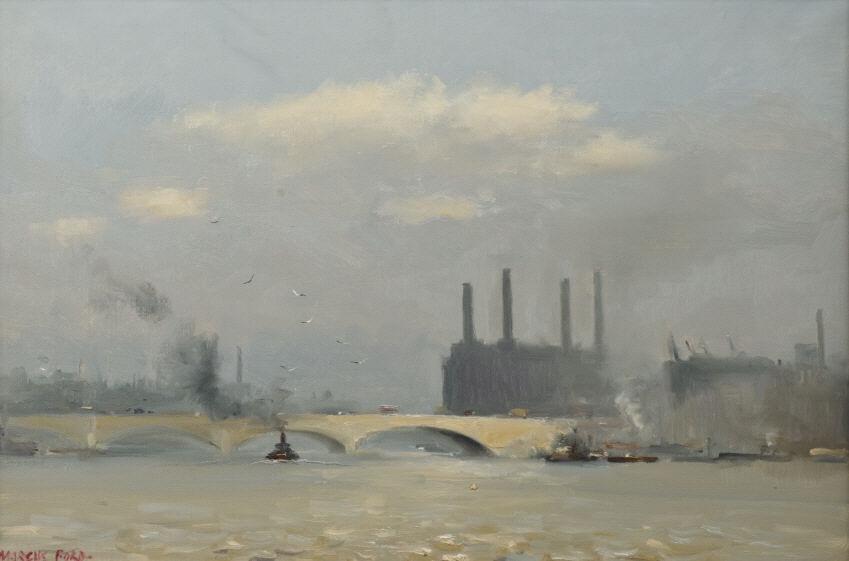 Marcus Ford (1914-1989) British: Marcus Ford, Power Station on the Thames, London, oil on canvas, signed, verso: signed, titled and inscribed 'Purchased at Harrods, London, July 1976'. Signed verso. Giltwood frame. 16 x 24 inches.