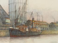 John Vandenengel CSMA, SCA (1923-2016): A very good 20th century marine watercolour by noted Canadian artist John Vandenengel, titled verso 'A Dirty British Coaster', signed bottom right. Sight dimensions, 6" x 8.75", frame dimensions, 12.5