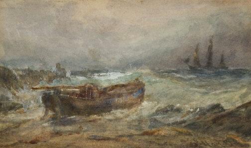 Attributed to Edwin Hayes (1819-1904) British: Attributed to Edwin Hayes, stormy seas with a small barge washed up on the shore, watercolour on paper, signed indistinctly bottom/right. Giltwood frame. 5 x 8 inches.