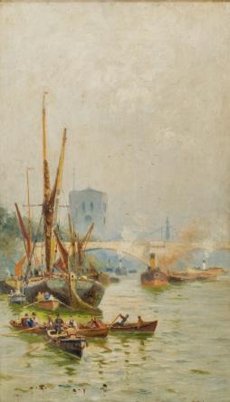 Charles J. de Lacy (1856-1929) British: Charles John de Lacy, steam and sail on the river, oil on canvas, signed bottom/right. Giltwood frame. 24 x 14 inches.