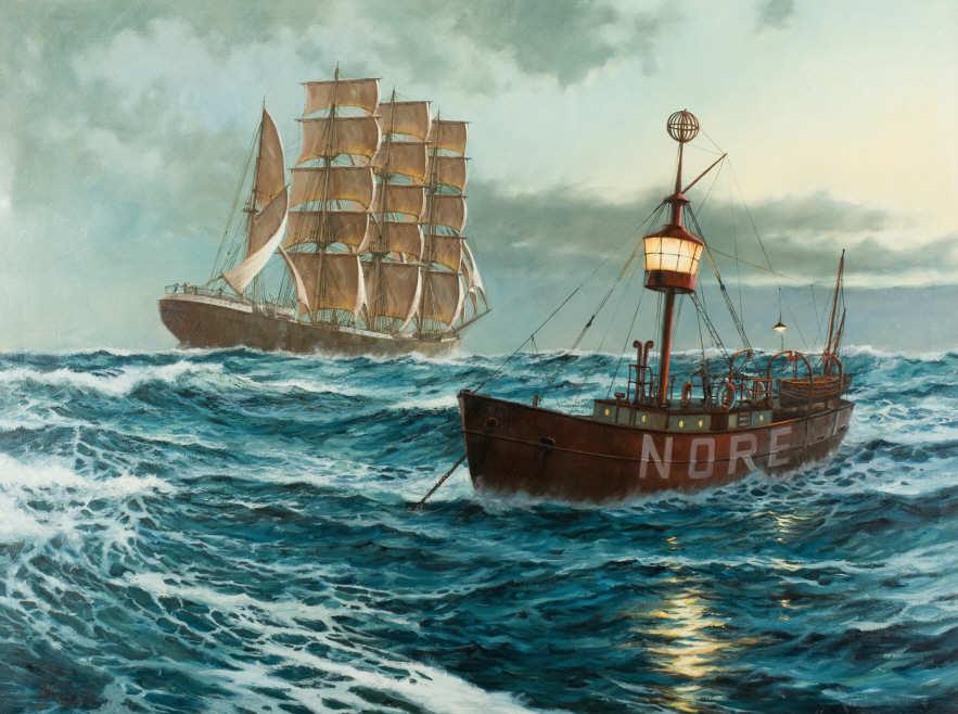 Rodney J.K. Charman (b. 1944 - ) British/American: Rodney John Keith Charman, The Clipper Garthpool passing the Nore. The Nore was a lightship which marked the hazardous bank of sand at the mouth of the Thames Estuary, England. Oil on canvas, signed a