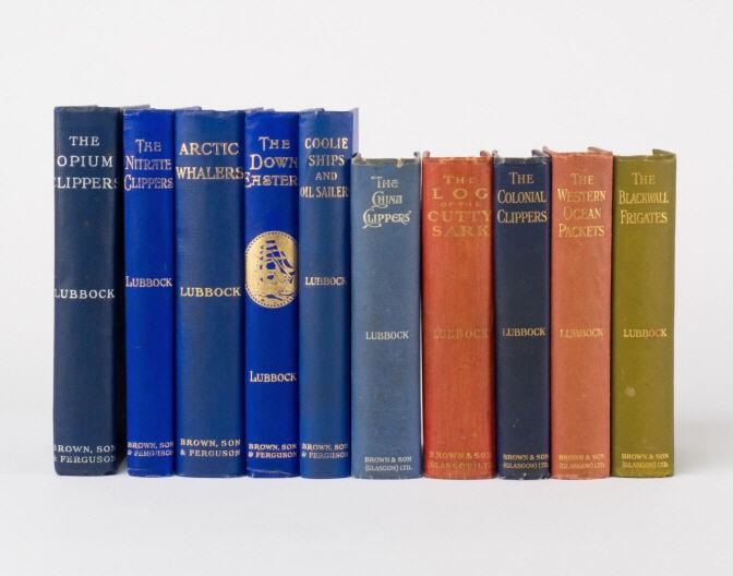 Hard Cover Books by Basil Lubbock: A group of ten hardcover re-printed texts by author Basil Lubbock, including 'The Western Ocean Packets', 'The Blackwall Frigates, Arctic Whalers', 'The Down Easters', 'Coolie Ships and Oil Sailers', 